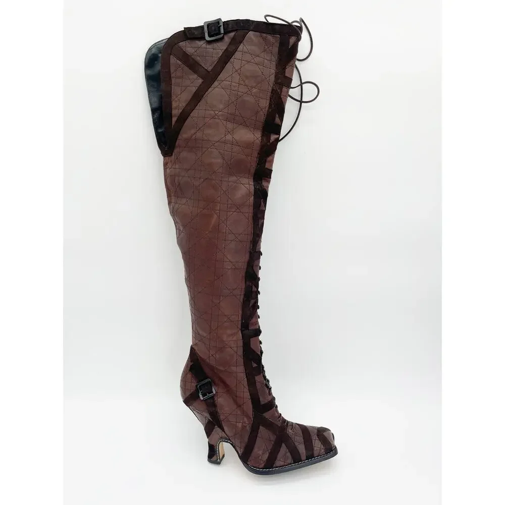 Dior Vintage y2k Galliano Era Brown Cannage Louis XVI OTK Lace Up Boots EU 39